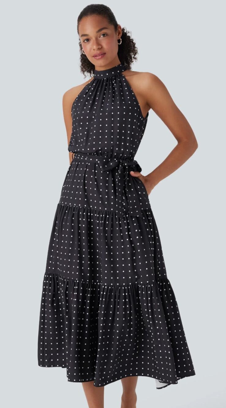 NEW Halara Halter Keyhole Back Polka Dot Flowy Tiered Midi Dress Black Size XL
